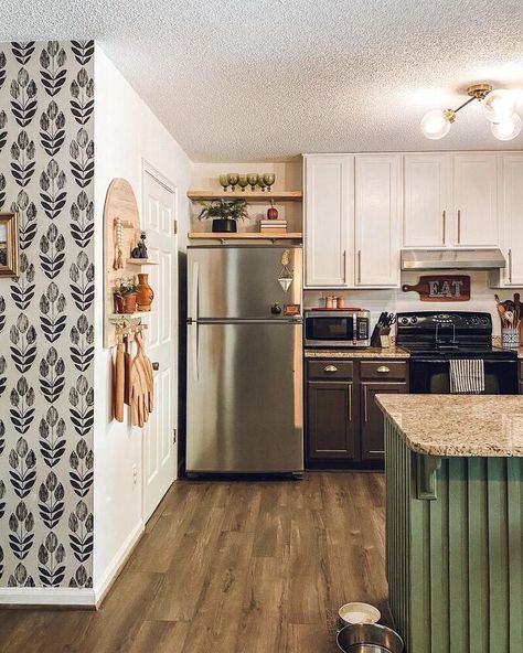 Remove Cabinet Doors, Above Fridge, Moroccan Fish Scale Tile, Recovering Chairs, Moody Boho, Marble Shelf, Build Floating Shelves, Floating Shelves Diy, Mounted Shelves