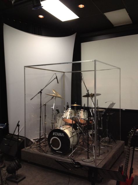 Drum Booth, Soundproof Booth, Music Room Ideas, Drum Cage, Drums Studio, Diy Drums, Drum Room, Home Studio Ideas, Church Interior Design