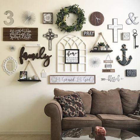 Cross Gallery Wall, Cross Wall Decor Living Rooms, Cross Wall Collage, Gallary Wall, Staircase Wall Decor, Canvas Photo Wall, Wreath Center, Big Wall Decor, Wooden Family