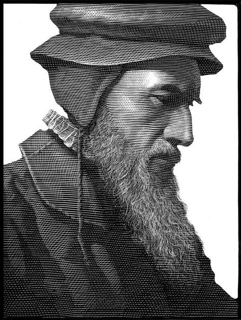 John Calvin the source of many a tortured soul. Mark Summers, Scratchboard Artists, Scratchboard Illustration, Conceptual Drawing, Scratchboard Art, John Calvin, Simple Line Drawings, Black And White Drawing, Vintage Typography