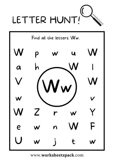 Find the Letter W Worksheet, Alphabet W Hunt Activity Free Printable for Kids - Printable and Online Worksheets Pack The Letter W Preschool Crafts, W Preschool Activities, Letter Hunt Printable Free, Letter W Crafts For Preschoolers, Letter W Activities For Preschool, Letter W Worksheets For Preschool, Letter W Worksheet, Jungle Preschool, Letter W Crafts