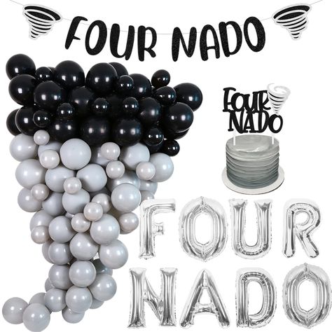 PRICES MAY VARY. Package Includes: You will get a rich 4th birthday party package, 1 set of “FOUR NADO” foil balloons 16 inches, 1pc “FOUR NADO” banner, 1pc “FOUR NADO” cake topper, 60pcs latex balloons 12 inches, 16pcs latex balloons 5 inches, 1pc balloon tape strip, 100 adhesive dispense. It could meet all your needs! Four-nado Birthday Party Decorations: This special balloon garland kit is black and silver, the silver “FOUR NADO” foil balloons, cake topper and banner create a eye-catching sce Little Brother Birthday Party, Twonado Birthday Party, 4th Birthday Party For Boys, 2nd Birthday Party For Boys, 2nd Birthday Boys, Boys First Birthday Party Ideas, Baby Birthday Themes, Second Birthday Ideas, Boy Birthday Party Themes