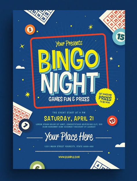 Bingo Night Event Flyer Template AI, PSD - CMYK, 300 DPI Days Of The Week Activities, Event Poster Design Inspiration, Free Bingo Cards, Event Poster Template, Bingo Night, Digital Advertising Design, Bingo Template, Social Media Branding Design, Event Poster Design