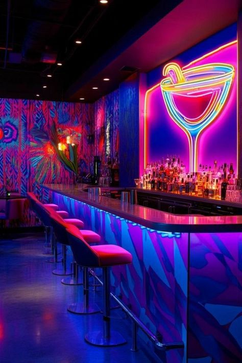 Fancy Bar Design, Small Bar Interior Design, Club Ideas Nightclub, Club Decor Nightclub Design, Neon Bar Aesthetic, Nightclub Design Lighting, Bar Business Ideas, Party Basement, Club Design Interior