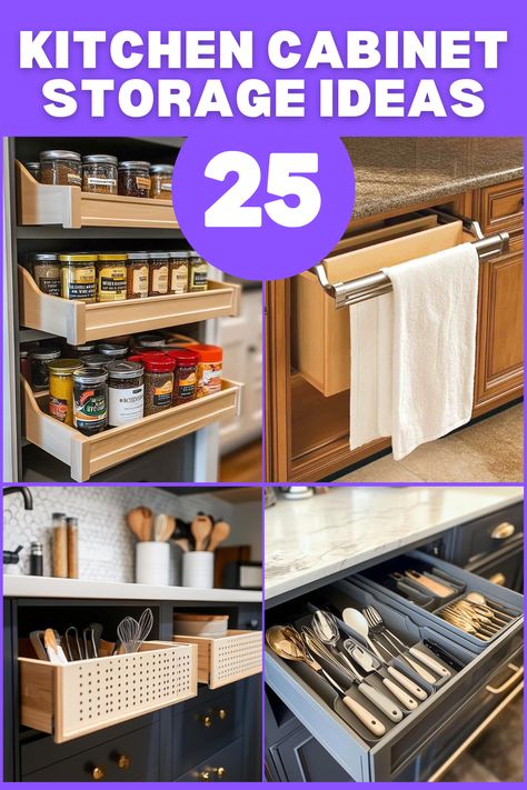 Looking for ways to make your kitchen work better for you? Check out these genius cabinet storage ideas that will save space and make cooking easier! #KitchenOrganization #StorageSolutions #DeclutterKitchen #CabinetStorageIdeas #SpaceSavingTips Upper Cabinet Organization Kitchen, Maximize Kitchen Storage, Side Of Kitchen Cabinet Ideas, Cabinet Storage Ideas Kitchen, Kitchen Cabinet Storage Ideas, Organizing Kitchen Cabinets, Lazy Susan Corner Cabinet, Under Sink Drawer, Kitchen Cabinet Storage Solutions