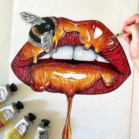 Dripping Lips Drawing, Lip Artwork Paintings, Fruit Lips Drawing, Glossy Lips Drawing, Drip Artwork, Lip Art Drawing, Colored Pencil Artwork Ideas, Prismacolor Drawing, Lip Artwork