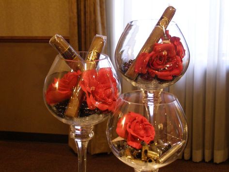 Cigar Themed Centerpieces | Godfather themed centerpieces. Black gems, red roses and cigars! Godfather Party Decorations, The Godfather Wedding Theme, Godfather Birthday Theme, The Godfather Theme Party Ideas, Mob Party Decorations, Godfather Birthday Party Ideas, God Father Themed Party, The Godfather Party Decorations, Godfather Party Ideas