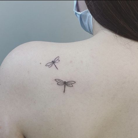 Dragonfly Small Dragonflies Tattoo, Tiny Dragonfly Tattoo Simple, Dragon Fly Small Tattoo, Double Dragonfly Tattoo, Fine Line Dragonfly Tattoo Design, Drangfly Tattoo Small, Dainty Dragonfly Tattoo Simple, Two Dragonflies Tattoo, Small Dragon Fly Tattoo For Women