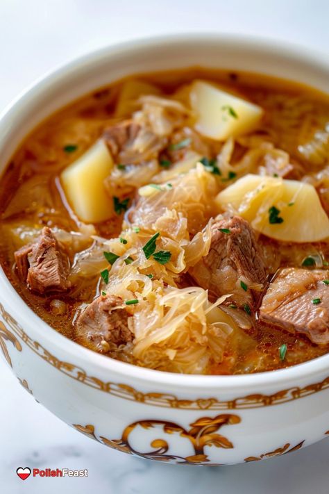 Simple Polish Kwaśnica Recipe - Polish Feast Polish Sauerkraut, Hunters Stew, Polish Foods, Bacon Potatoes, Stews Recipes, Fermented Sauerkraut, Scottish Dishes, Sauerkraut Soup, Raw Pork