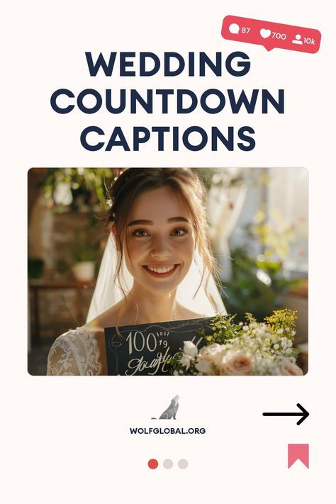 Smiling bride holding a sign with a wedding countdown, surrounded by flowers.
Graphic checklist with playful wedding milestones and a "Get 100+ more" button, by wolfglobal.org.
A woman on a laptop with social media engagement icons, advertising Wolf Global's Instagram pod. 12 Days To Go Wedding Countdown, Wedding Day Countdown Quotes, Countdown To Wedding Quotes, 100 Days To Go Wedding Countdown, 100 Days Until Wedding Quotes, Wedding Count Down Caption, 1 Week Wedding Countdown Quotes, Counting Days Quotes Wedding, Wedding Countdown Instagram Story Ideas