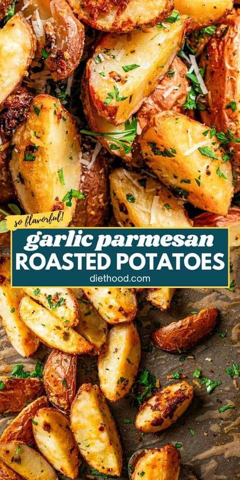 These easy garlic parmesan roasted potatoes are the best potato side dish! Extra crispy, with every bite coated in a savory blend of cheese, garlic, and herbs. Simple, flavorful, and anything but boring. #roasted #potatoes Easy Garlic Potatoes, One Pan Potatoes And Veggies, Bbq Sides Potatoes, Easy Fancy Potatoes, Roasted Peppers And Potatoes, Garlic Parm Roasted Potatoes, Roasted New Potatoes Recipes Ovens, Crispy Parmesan Roasted Potatoes, Meals With Baby Potatoes