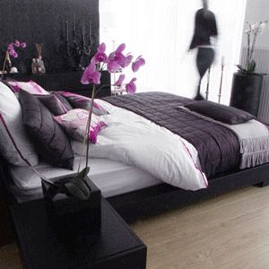 purple black grey white bedroom. this bamboo colored flooring is nice. love the abstract it creates with the white/purple. Yes. Black Grey White Bedroom, Bedroom Colors Purple, White And Purple Bedroom, Grey White Bedroom, Lavender Bedroom, Bedroom Purple, Purple Bedrooms, Purple Bedroom, Purple Rooms