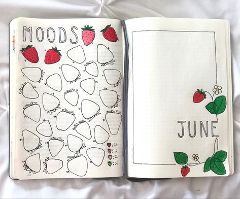 Strawberry // summer // fruit // june // bullet journal // theme // drawing // vintage // bujo // cover // handwriting // mood tracker // art // Bujo Monthly Mood Tracker, June 2024 Bullet Journal, June Mood Tracker Ideas, Strawberry Theme Journal, Bullet Journal Ideas For June, Bullet Journal Summer Ideas, Fruit Mood Tracker, Bujo June Theme, June Bullet Journal Mood Tracker