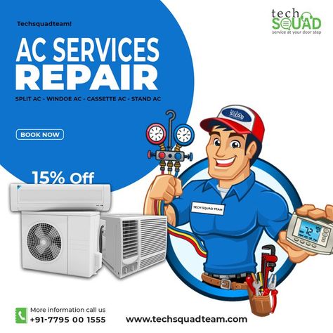 Planning to get a #NewAC for your home, but running out of budget? Well, No Worries! Get your old one repaired with TechsquadTeam at a reasonable price. Call us at +917795001555 to get the best #ACRepair & Services, which can save you from making a huge investment now! Services Poster, Hvac Tech, Refrigeration And Air Conditioning, Ac Repair Services, Air Conditioner Repair, Split Ac, Hvac Technician, Ac Service, Hvac Services