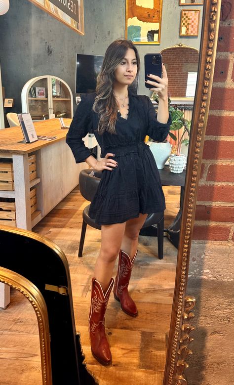 Black Dress Red Boots, Rodeo Dress Outfit, Black Dress With Cowgirl Boots, Black Dress Cowboy Boots Outfit, Black Dress With Cowboy Boots, Black Dress And Cowboy Boots, Country Boots Outfit, Dress With Cowgirl Boots, Cowgirl Fits