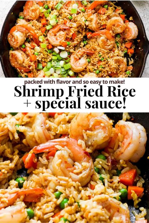 Shrimp Fried Rice Recipe - the BEST homemade shrimp fried rice recipe with the most amazing, flavorful sauce! Easy and delicious! #shrimpfriedrice #shrimpfriedricerecipe #shrimpfriedriceeasy #shrimpfriedricechinese Shrimp Rice Stir Fry, Shrimp Fried Rice With Yum Yum Sauce, Teriyaki Shrimp Fried Rice, Simple Shrimp Fried Rice Recipe, Shrimp Stir Fried Rice, Lobster And Shrimp Fried Rice, Frozen Shrimp And Rice Recipes, High Protein Shrimp Fried Rice, Asian Shrimp Stir Fry