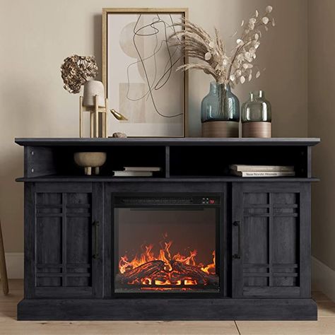 BELLEZE 47" TV Stand with 18" Electric Fireplace, Modern Electric Fireplace TV Stand for TVs up to 50", Entertainment Media Stand with Storage - Norrell (Rustic Grey) Electric Fireplace Entertainment Center, Modern Electric Fireplace, Wood Entertainment Center, Fireplace Entertainment Center, Fireplace Entertainment, Electric Fireplace Tv Stand, Console Tv, Fireplace Tv Stand, Diy Fireplace