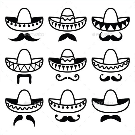 Vector black icons set of Sombrero isolated on white FEATURES: 100 Vector Shapes All groups have names All elements are easy to m Sombrero Tattoo, Mexican Mustache, Mustache Drawing, Mariachi Hat, Mustache Tattoo, Mexican Sombrero Hat, Mexico Tattoo, Mexican Tattoo, Mexican Sombrero