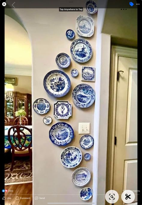 Blue And White Plate Wall, Blue Plates Wall, Plate Wall Display, Blue White Pottery, Cottagecore Home, Blue White Decor, Plate Wall Decor, Patterned Plates, Plate Wall