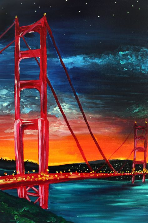 Starry Golden Gate Golden Gate Bridge Acrylic Painting, Bridge Coloring Pages, Golden Gate Bridge Drawing, Golden Gate Bridge Painting, Bridge Drawing, Sunset Canvas Painting, Bridge Painting, Travel Art Journal, Paint Nite