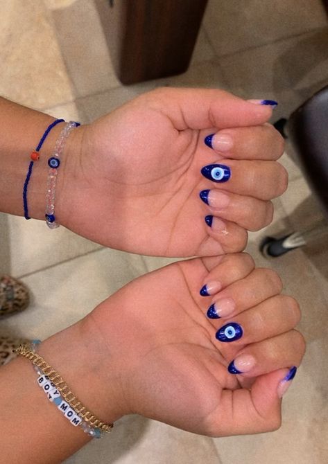 Aesthetic Nails Evil Eye, Evil Eye Nail Inspo Acrylic, Cute Nails Evil Eye, Nail Inspo Almond Evil Eye, Short Almond Acrylic Nails Evil Eye, Nazar Jewelry Aesthetic, Third Eye Chakra Nail Art, Acrylic Evil Eye Nails, Heart Eye Nail Designs