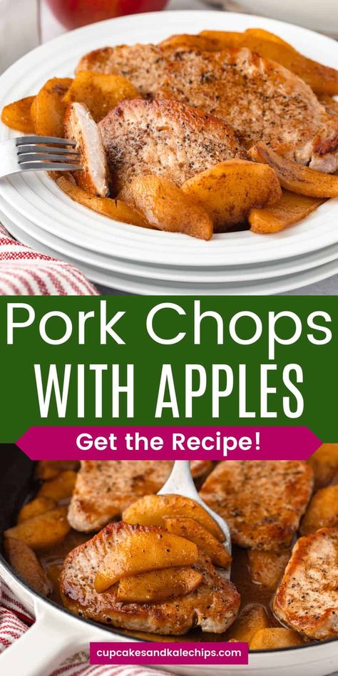 Get ready for fall flavors with these Apple Pork Chops! Juicy pork chops are pan-seared and simmered in a sweet and savory sauce made from fresh apples, brown sugar, and cinnamon. This dish is easy to make and perfect for a busy weeknight, offering the perfect balance of sweetness and saltiness. Serve with mashed potatoes for a hearty meal! Pork Chops And Cinnamon Apples, Pork Chops With Sweet Potatoes And Apple, Apple Cider Gravy For Pork, Air Fryer Pork Chops With Apples, Boneless Pork Chops With Apples, Pork Chop And Apple Recipes Crock Pot, Peaches And Pork Chops, Slow Cooker Pork Chops With Apples, Pork Chops And Apples Crockpot