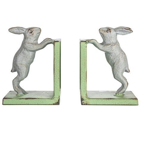 "Buy the 6\" Gray & Green Iron Rabbit Bookends Set at Michaels. com. Instantly transform a bookshelf or mantelpiece into a thoughtfully curated display by using these rabbit bookends. Instantly transform a bookshelf or mantelpiece into a thoughtfully curated display by using these rabbit bookends. Add a touch of rusticity to a home office, living room, or bedroom reading nook for the ultimate fashionable and storied display. This farmhouse-inspired set of cast iron rabbit bookends features a two Velveteen Rabbit Nursery, Bunny Nursery Theme, Book Themed Nursery, Vintage Nursery Boy, Bedroom Reading Nook, Peter Rabbit Books, Peter Rabbit Nursery, Nursery Bookshelf, Rabbit Nursery