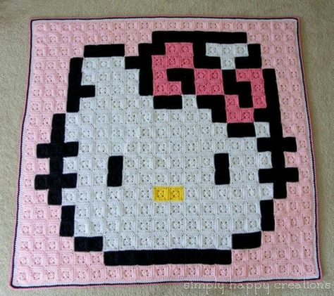 S Crochet Exercise, 8 Bit Crochet, Pixel Art Hello Kitty, Pixel Blanket, Pixel Crochet Blanket, Crochet Hello Kitty, Granny Square Häkelanleitung, Hello Kitty Blanket, Granny Square Haken