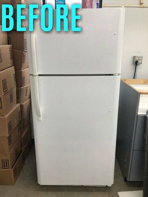 Transform an Old Fridge #diy #upcycle #makeover #refridgerator Update Old Fridge, Reface Refrigerator, Update Refrigerator Fridge Makeover, White Fridge Black Handles, Diy Paint Fridge, Vinyl On Fridge, Refrigerator Handles Replace, Painted Appliances Diy, Can You Paint Appliances