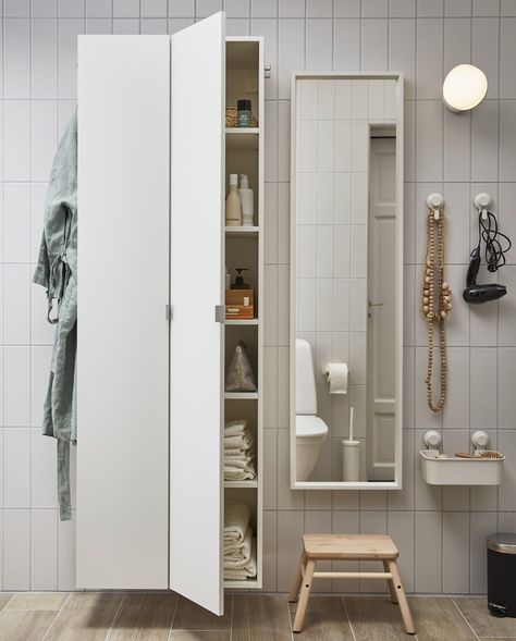 A bathroom with hideaways and compact solutions - IKEA Ikea Storage Bathroom, Narrow Bathroom Storage Ideas, Ikea Nysjön Hack, Ikea Bathroom Ideas, Ikea Bathroom Storage, Ikea Bath, Flexible Furniture, Ikea Bathroom, Bathroom Remodel Pictures