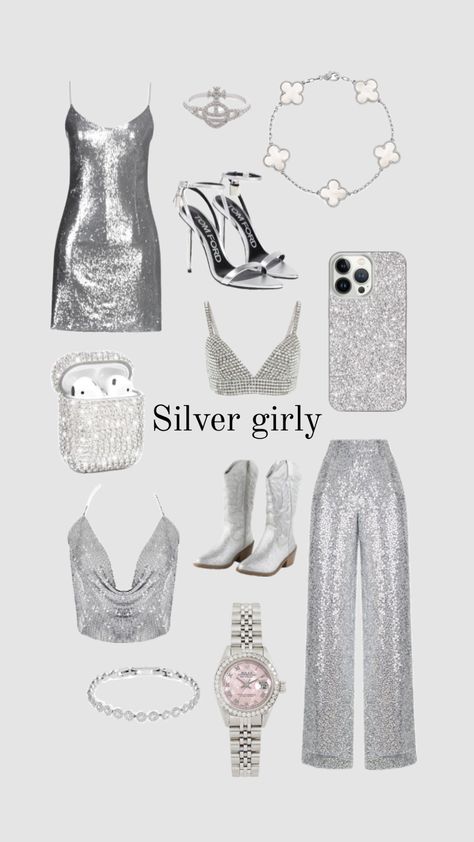 Disco New Years Eve Party Outfit, Disco Birthday Outfit Ideas, Disco And Diamonds Party Outfit, 18th Bday Outfits, Silver Outfit Party, Silver And White Outfit, Luxury Party Aesthetic, Glitz And Glam Party Theme, Sparkly Party Outfit