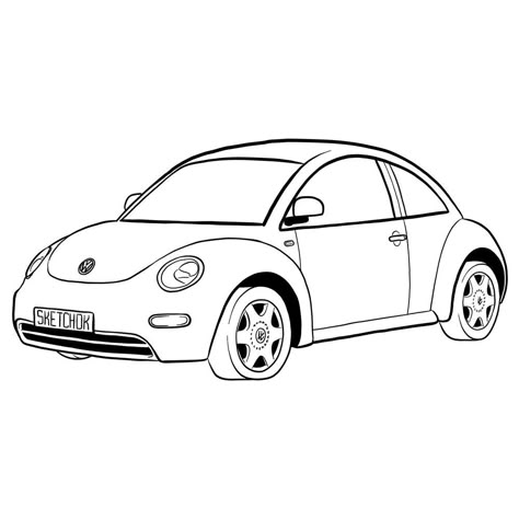 How to draw Volkswagen New Beetle Volkswagen Beetle Drawing Easy, Volkswagon Bug Drawing, Vw Bug Tattoo Ideas, Vw Beetle Sketch, How To Draw A Volkswagen Beetle, Vw Beetle Painting, Beetle Car Tattoo, Mini Car Drawing, Beetle Car Drawing