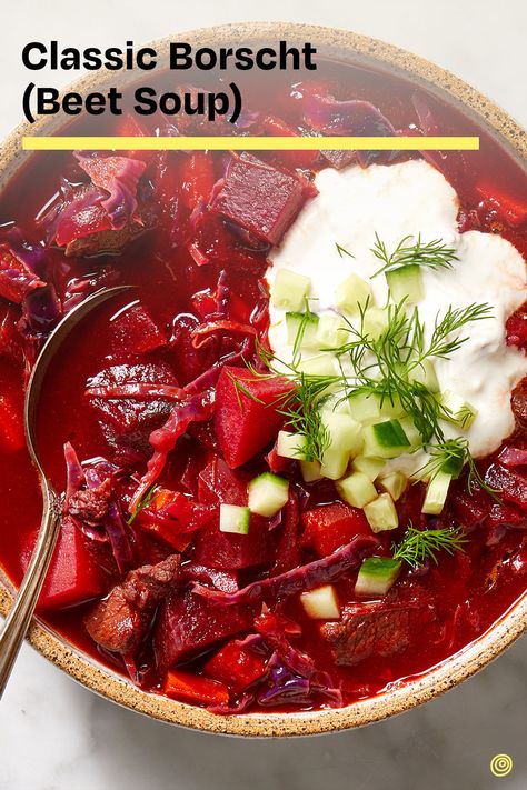 Classic Borscht Recipe, Vegan Meatloaf Recipe, Beet Borscht, Beet Soup Recipes, Borscht Recipe, Borscht Soup, Creamed Cucumbers, Beet Soup, European Recipes