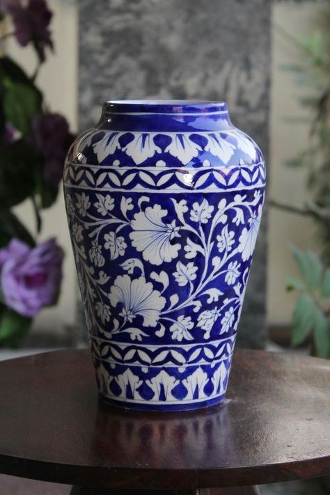 Blue Pottery Jaipur, Blue Pottery Designs, New Personality, Blue White Decor, Pottery Painting Designs, Blue And White Vase, Vase Art, Must Buy, Blue Pottery