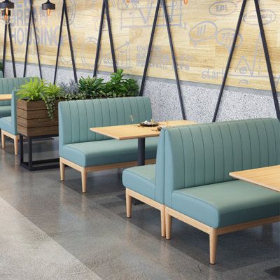 The sleek yet simple design enriches any environment and is ideal for creating a high-end feel in restaurants, cafes and bars. Upholstery Color: Sky Blue | Canadian Linen Faux Leather Upholstered Bench blue in Sky Blue | 36.2" H X 47.2" W X 24.4" D | Wayfair Restaurant Bench, Cafe Bench, Simple Restaurant, Modern Cafe, Luxury Restaurant, Linen Lights, Leather Bench, Restaurant Chairs, Restaurant Furniture