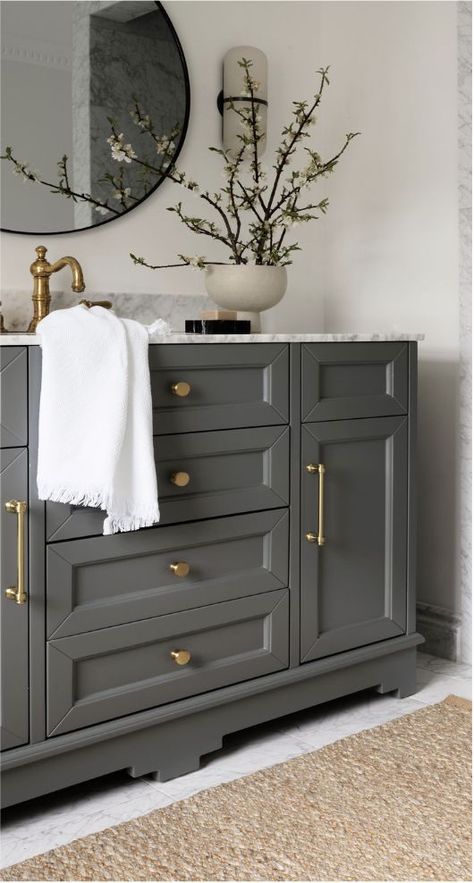 Greige Bathroom, Retreat Decor, Taupe Bathroom, Feminine Bathroom, Bathroom Cabinet Colors, Grey Bathroom Cabinets, Dark Gray Bathroom, Full Bathroom Remodel, Dark Bathrooms