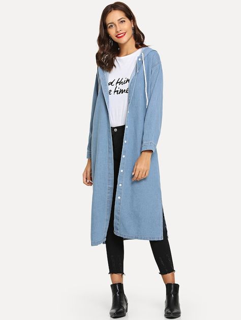 Button Front Hooded Longline Coat -SHEIN(SHEINSIDE) Fur Lined Denim Jacket, Long Denim Jacket, Lined Denim Jacket, Hooded Denim Jacket, Longline Coat, Womens Windbreaker, Denim Patterns, Kids Outerwear, Denim Jacket Women