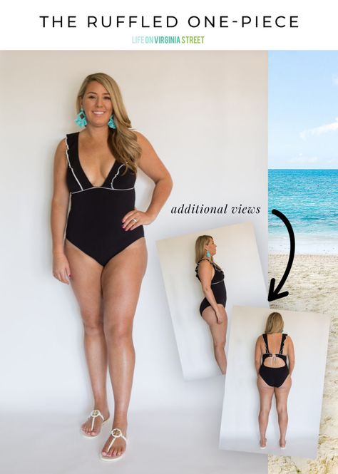 Black ruffled one-piece bathing suit. Bathing Suit Ideas, Flattering Bathing Suit, Swimsuit For Body Type, Flattering Swimwear, Swimsuits Photoshoot, Bathing Suit Styles, Suit Ideas, Flattering Swimsuits, Curvy Swimwear