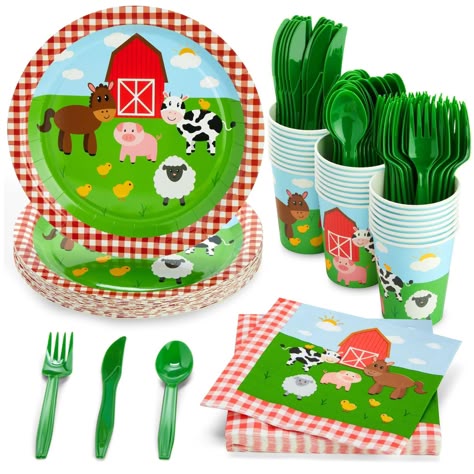 PRICES MAY VARY. A Complete Farm Animal Birthday Party Supplies Set: Serve up to 24 guests with our dinnerware set that includes 24 dinner plates, cups, napkins, plastic knives, spoons, and forks; 144 pieces total Cohesive Barnyard Birthday Party Supplies: The plates and napkins feature a barnyard animal design with a classic white and red checkered border to help you create a coordinated theme Quick and Easy Clean-Up: The farm plates, napkins, cups, and cutlery are made with paper and plastic m Decorations With Paper, Animal Party Decorations, Animal Plates, Barnyard Birthday Party, Plastic Party Plates, Farm Animal Party, Farm Animals Birthday Party, Farm Themed Birthday Party, Barnyard Party