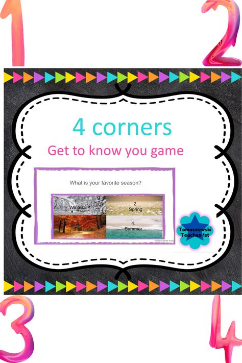 4 Corners Get To Know You Game, Four Corners Get To Know You Game, Four Corners Game Questions, 4 Corners Game Questions, Four Corners Game, Elementary Games, Ell Resources, First Week Of School Ideas, Teaching 5th Grade