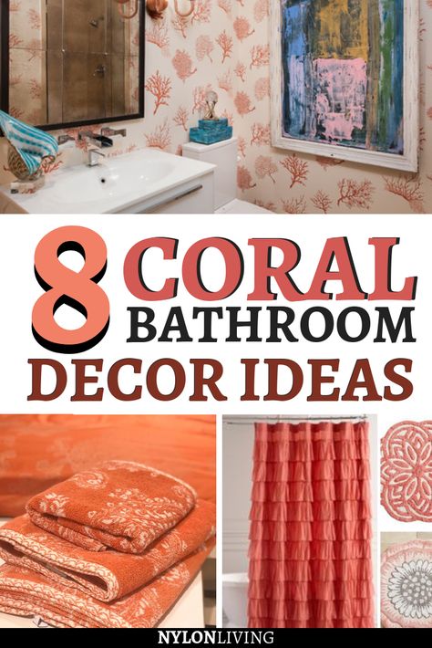 The new fave coral peach color is a perfect shade for the more intimate spaces in your home. It also doesn’t have the vibrance of orange which may not be the most soothing color. What about some coral bathroom ideas? You have a wide choice of coral colored bathroom decor: coral towels, coral bath rugs, coral curtains… Check out 8 coral bathroom decor ideas. #coral #bathroomdecor #bathroomdesign #bathroomideas Peach Colored Bathroom Ideas, Coral And Turquoise Bathroom, Coral Bathroom Decor Ideas, Coral And Gray Bathroom, Apricot Bathroom Ideas, Coral Color Bathroom Ideas, Peach Colored Bathroom, Coral And Blue Bathroom, Coral Shower Curtain