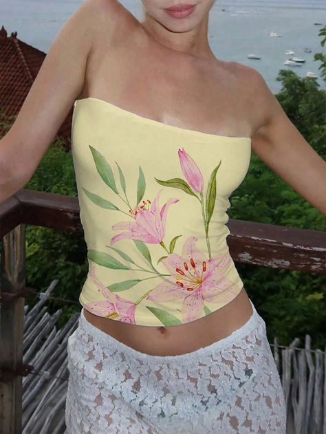 Women's Summer Floral Print Cropped Tube Top Yellow Casual  Sleeveless Knitted Fabric Floral,Plants  Medium Stretch  Women Clothing, size features are:Bust: ,Length: ,Sleeve Length: Yellow Tube Top, Floral Tube Top, Áo Crop Top, Crop Top Outfits, Cropped Tube Top, Top Cropped, Fabric Floral, Women's Shapewear, Floral Crop Tops