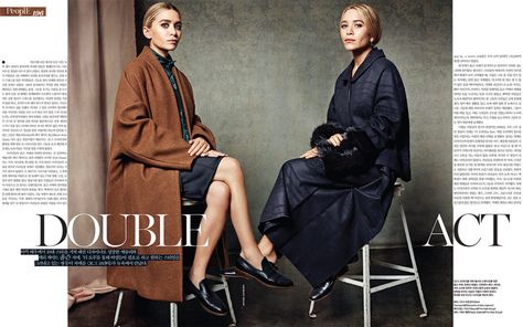 Double Act – Sisters and designers Mary-Kate and Ashley Olsen grace the pages of Vogue Korea’s November issue for a fashion spread spotlighting their label, The Row. Michael Schwartz captured the pair in looks from their label styled by Aeri Yun. Mary-Kate and Ashley look ultra chic in outerwear looks and menswear inspired separates.    Related Mary Kate Olsen Style, Olsen Sisters, Ashley Olsen Style, Olsen Style, Olsen Fashion, Group Pose, Olsen Twins Style, Mary Kate And Ashley, Olsen Sister