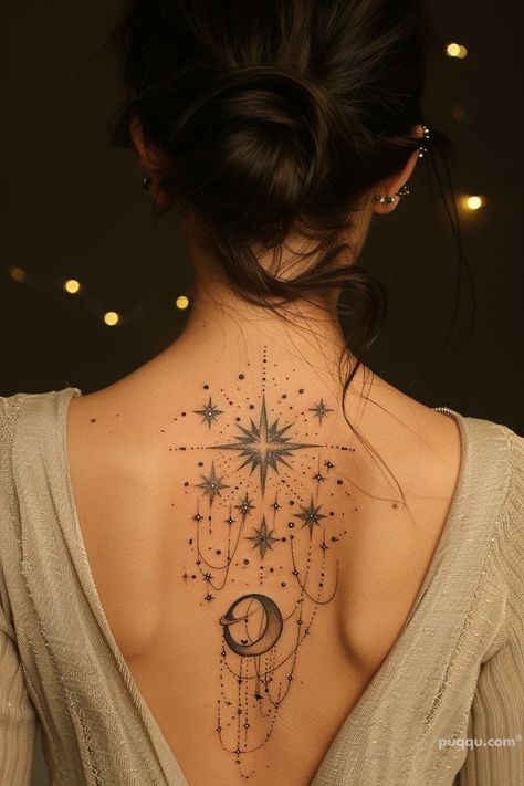 Celestial Tattoo Ideas: Unlock the Cosmic Artistry in Your Ink - Puqqu Shoulder Coverup Tattoos For Women, Witch Moon Tattoo, Celestial Spine Tattoo, Chest Neck Tattoo, Boho Tattoo, Cosmic Tattoo, Celestial Tattoo, Girl Back Tattoos, Moon Tattoos