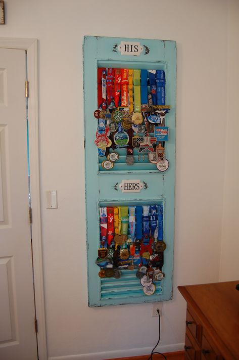 Cottage Style Race Medal Display – A Tutorial | Arthurized Home Display Race Metals, Race Medal Display Ideas, Medal Display Ideas Diy, Displaying Medals, Medal Display Ideas, Chocolate Brown Paint, Race Medal Displays, Sports Medal Display, Medals Display