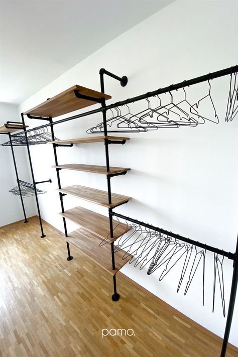 Room To Walk In Closet Diy, Industrial Style Dressing Room, Industrial Walk In Closet Ideas, Turning A Wall Into A Closet, Steel Closet Design, Office With Clothes Rack, Clothing Rack Walk In Closet, Diy Closet On Wall, Industrial Open Closet