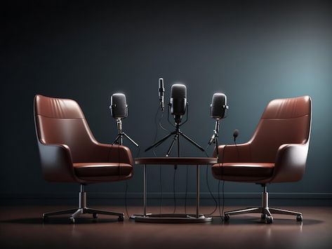 two chairs and microphones in podcast or interview room isolated on dark background Generative Ai Office Group Photo Ideas, Podcast Set Design Ideas, Interview Background, Podcast Background, Interview Room, Podcast Room, Interview Images, Interview Rooms, Podcast Setup