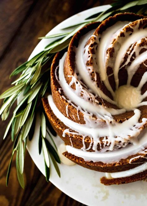 Gingerbread Bundt Cake is the perfect dessert for the holiday season. Topped with a maple glaze, this is one show-stopping dessert! #saltandbaker #gingerbread #bundtcake #holidaycakes Icecream Ideas, Gingerbread Bundt Cake, Crockpot Ideas, Holiday Cake, Bundt Cake Recipe, Christmas Food Desserts, Bundt Cakes Recipes, Deilig Mat, Holiday Cakes