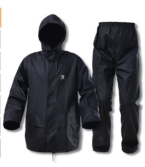 Price:$46.80 - $55.99 Hand Wash Only Stretch knit rain suit waterproof rain jacket and pants are made of 100% Polyester. Durable fabric, MicroWeld seam construction, protect you from intense rainfall, no worry any tests in the rain, even inclement/foul weather. Double entry front pockets. Front zip with snap storm flap. Back cape for ventilation. Stowable hood. No noisy and comfortable fabric for ease of movement. Underarm and back vents help keep you cool. Rain Suits, Cape Designs, Rain Suit, Waterproof Rain Jacket, Rain Gear, Work Jackets, Coat Pant, Rain Wear, Black Media