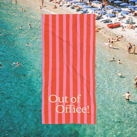 Elevate your summer style with our Out of Office! Stripes Rouge et Rose Beach Towel, the ultimate blend of French European chic and vibrant retro flair.  Perfect for cool girls who love to stand out, this colorful and eclectic towel is your go-to accessory for the beach, pool, or any sunny escape. Product Highlights: Chic Design: Featuring a bold "Out of Office!" graphic in a striking rouge et rose color, complemented by an eclectic stripe pattern that channels a retro postcard European vibe. This towel combines modern cool with timeless elegance. Luxurious Comfort: Crafted from ultra-soft, high-quality materials, it offers exceptional comfort and superior absorbency. Perfect for lounging, sunbathing, or drying off after a refreshing dip. Generous Size: Comes in two sizes (30" × 60" and 36 Retro Postcard, European Chic, Rosé Beach, European Summer Aesthetic, Colorful Eclectic, Summer Beach Towels, Pool Towel, Out Of Office, Pool Towels